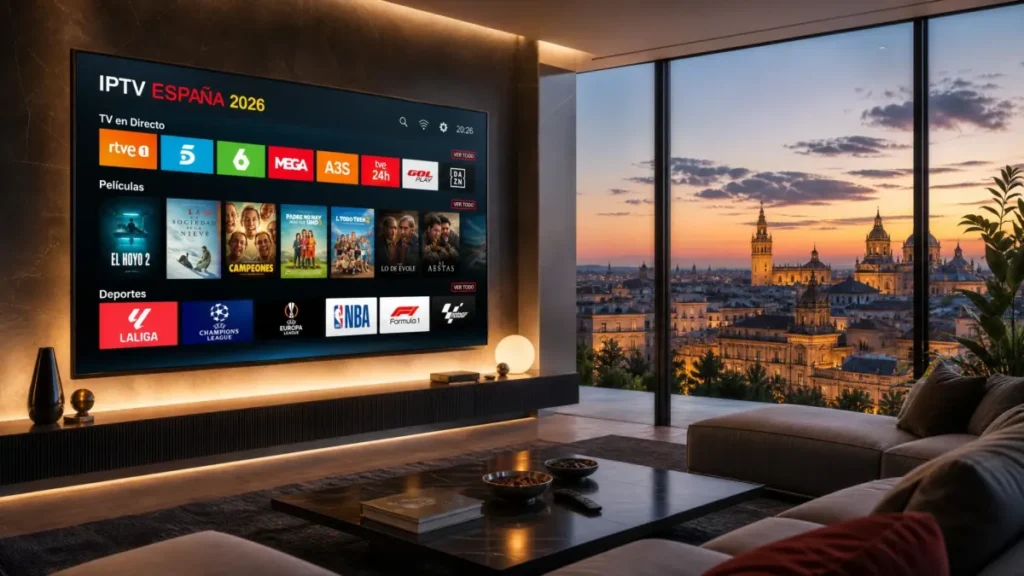 Smart TV en salón moderno mostrando prueba gratuita y mejor servicio de IPTV