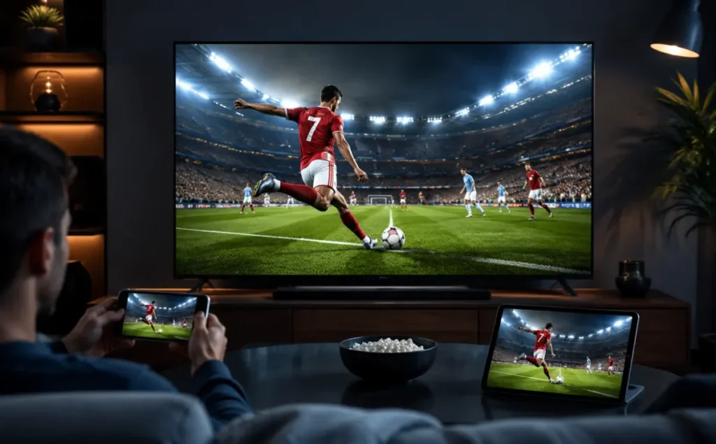 Fanático viendo IPTV Fútbol España en la televisión durante un partido