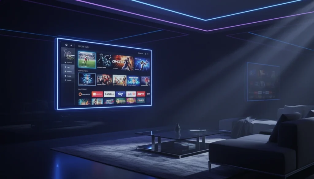 Smart TV con luz neón mostrando mejor suscripción IPTV España