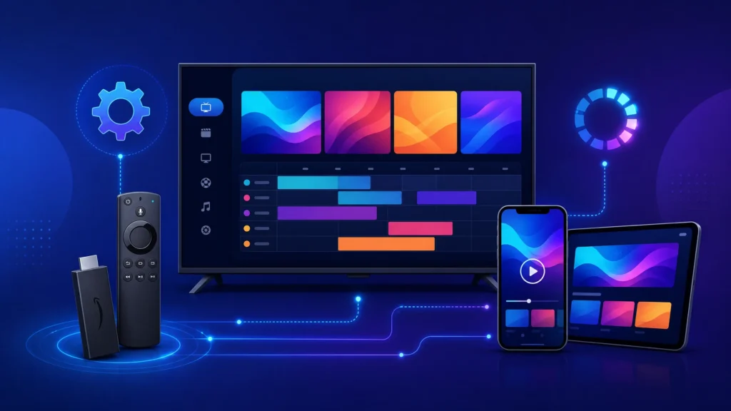 Configuraciones IPTV en Smart TV, Fire Stick y móvil mostrando ajustes de búfer y guía EPG para streaming sin cortes