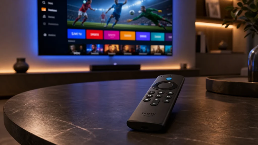 Control remoto de Amazon Fire TV Stick sobre una mesa de sala de estar, con una televisión de fondo mostrando un menú de IPTV y un partido de fútbol en vivo