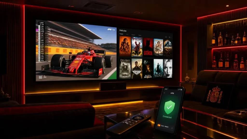 Salón con cine en casa premium, deportes de motor y streaming IPTV en España