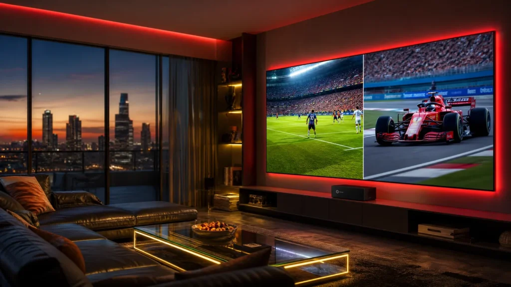 Salón de lujo con TV 4K mostrando fútbol en directo y carrera de F1, servicio IPTV premium España 2026