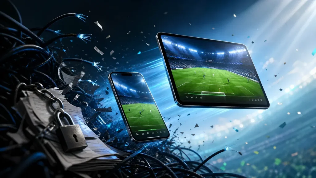 Concepto de libertad IPTV: viendo fútbol en móvil y tablet rompiendo las cadenas de los contratos de Vodafone TV.