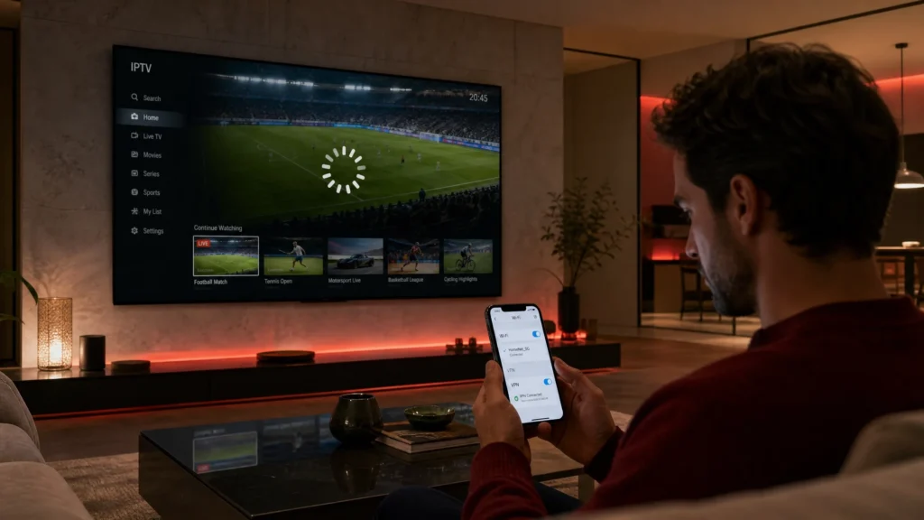 Solución al buffering y cortes en IPTV: hombre revisando conexión y VPN en Smart TV España 2026
