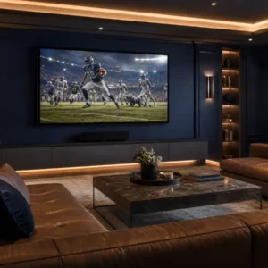 Salón de entretenimiento de lujo con un televisor grande mostrando un partido de fútbol