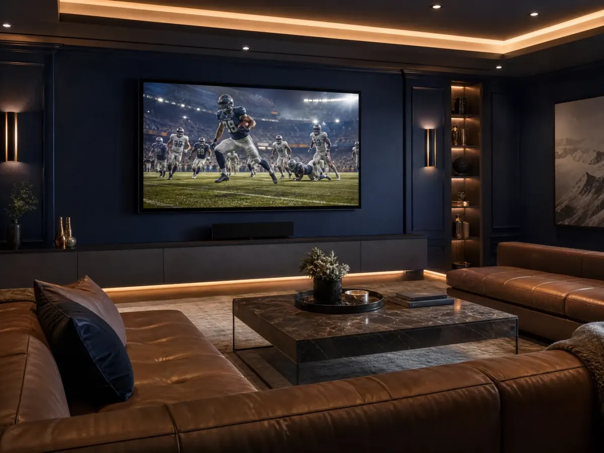 Salón de entretenimiento de lujo con un televisor grande mostrando un partido de fútbol