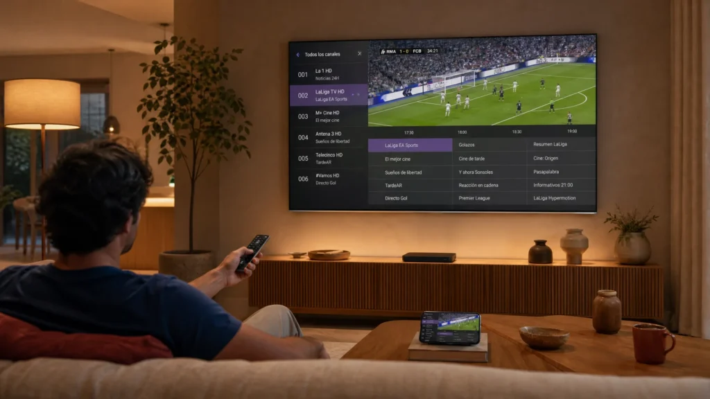 Configurar IPTV en Smart TV con menú EPG y fútbol en salón moderno España 2026