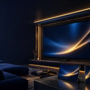 Salón de lujo con Smart TV, tablet y teléfono móvil para disfrutar de entretenimiento en streaming