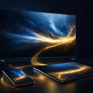 Televisor, tablet y teléfono móvil con contenido de streaming conectados mediante efectos de luz dorada