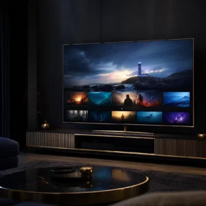 Televisor inteligente en un salón moderno mostrando una plataforma de películas y series en streaming