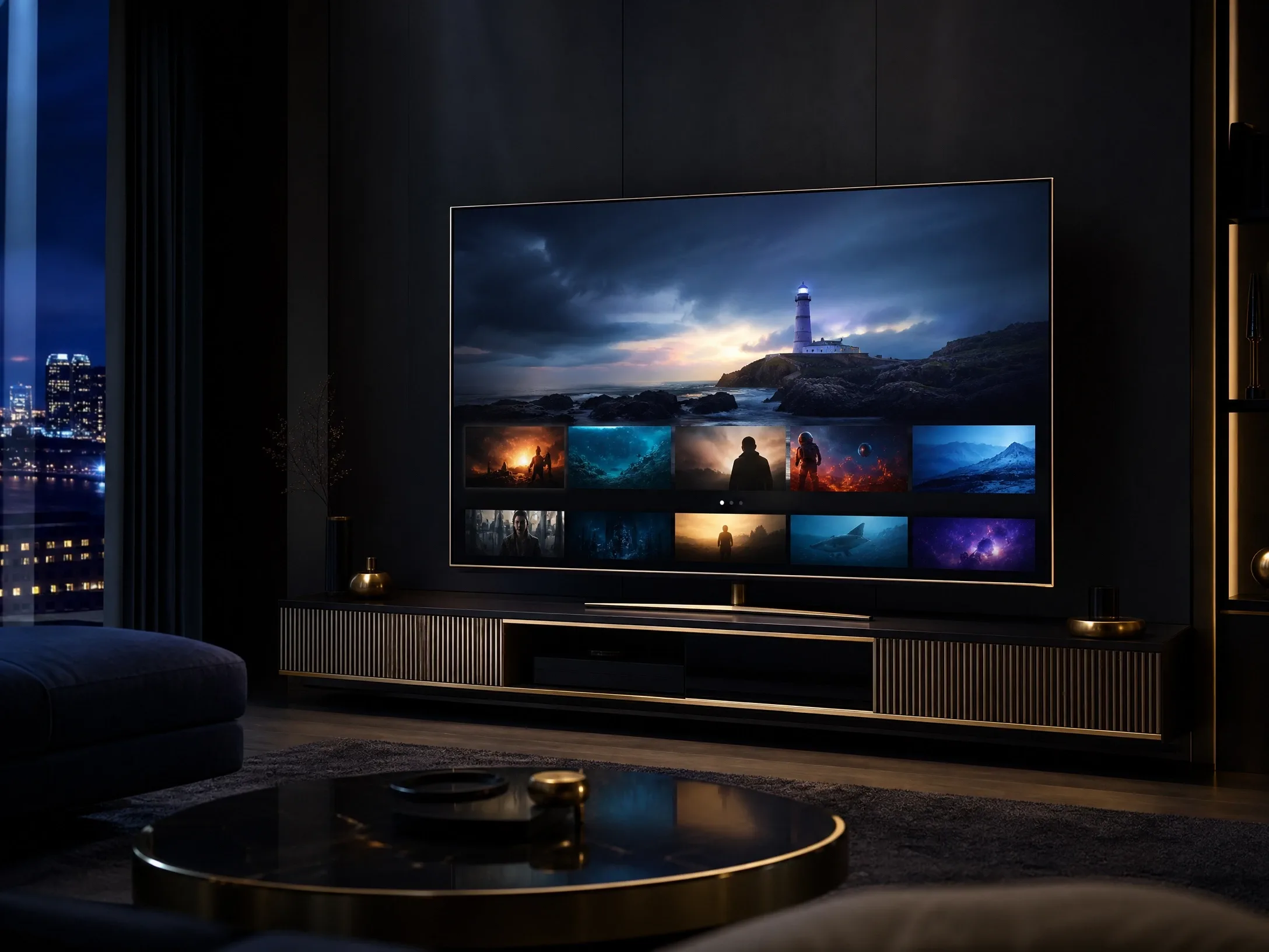 Televisor inteligente en un salón moderno mostrando una plataforma de películas y series en streaming