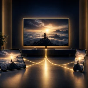 Televisor, tablet y teléfono móvil conectados para disfrutar de una suscripción de streaming en tres dispositivos