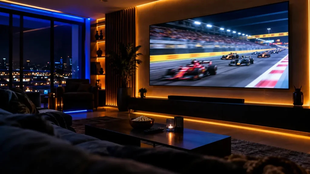 IPTV Fórmula 1 MotoGP: salón con televisión mostrando una carrera de Fórmula 1 en directo