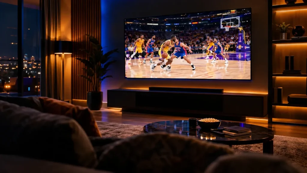 IPTV Liga Endesa: salón con televisión mostrando un partido de baloncesto en directo