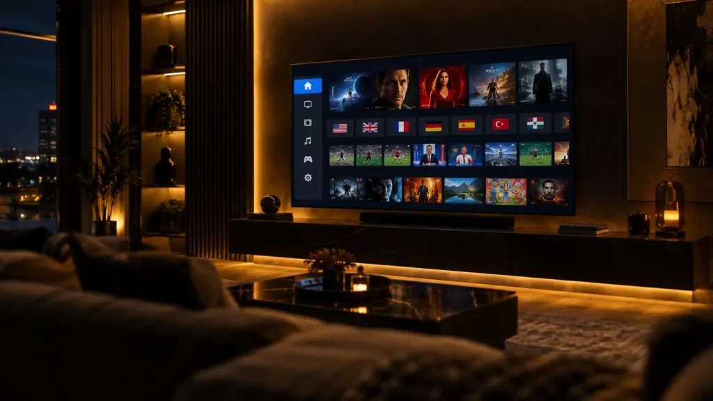 Interfaz de Kodi con iptv lista kodi organizada en pantalla de televisión
