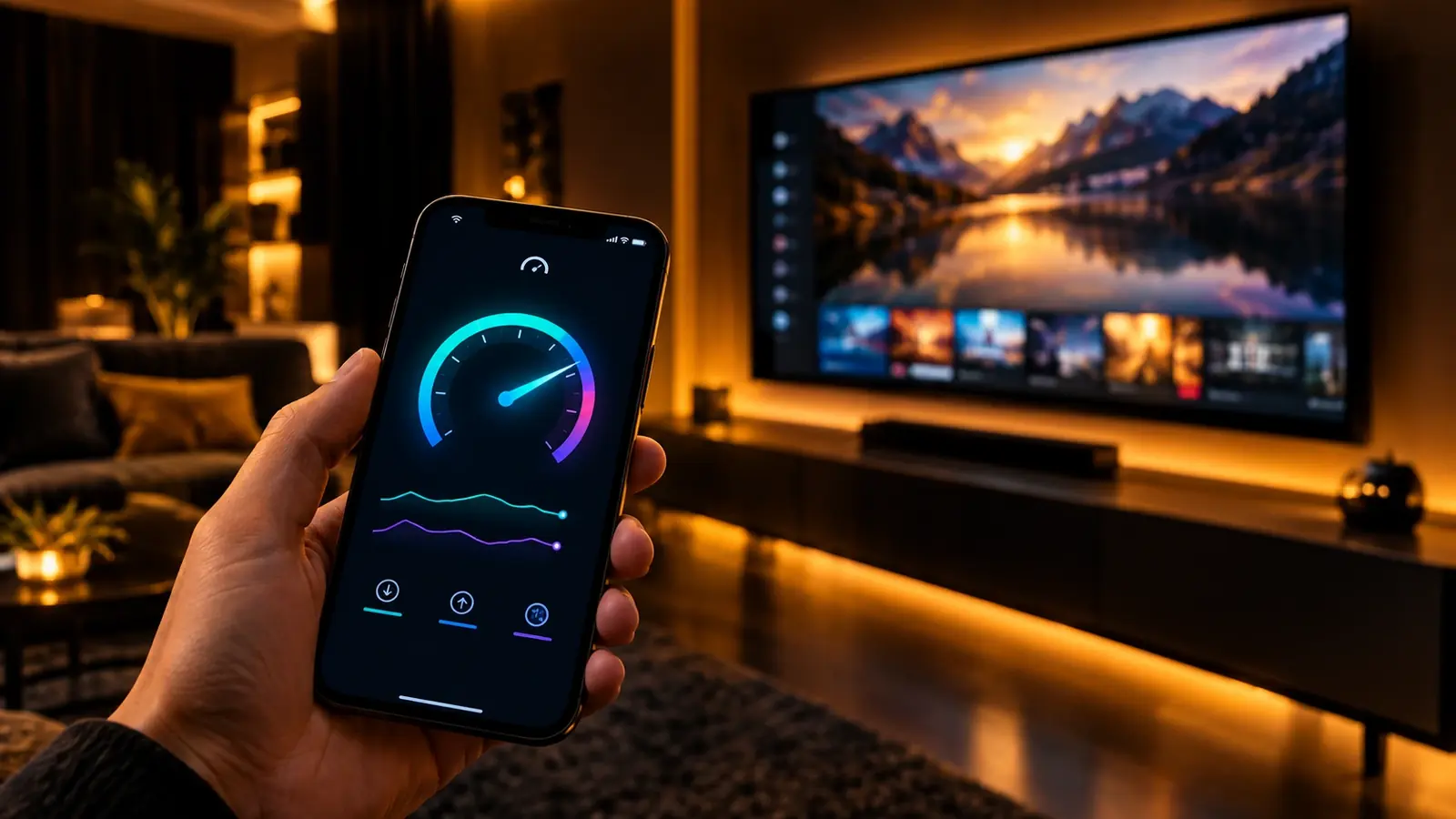 Test de velocidad en el móvil junto al televisor para saber cuántos megas necesito para IPTV