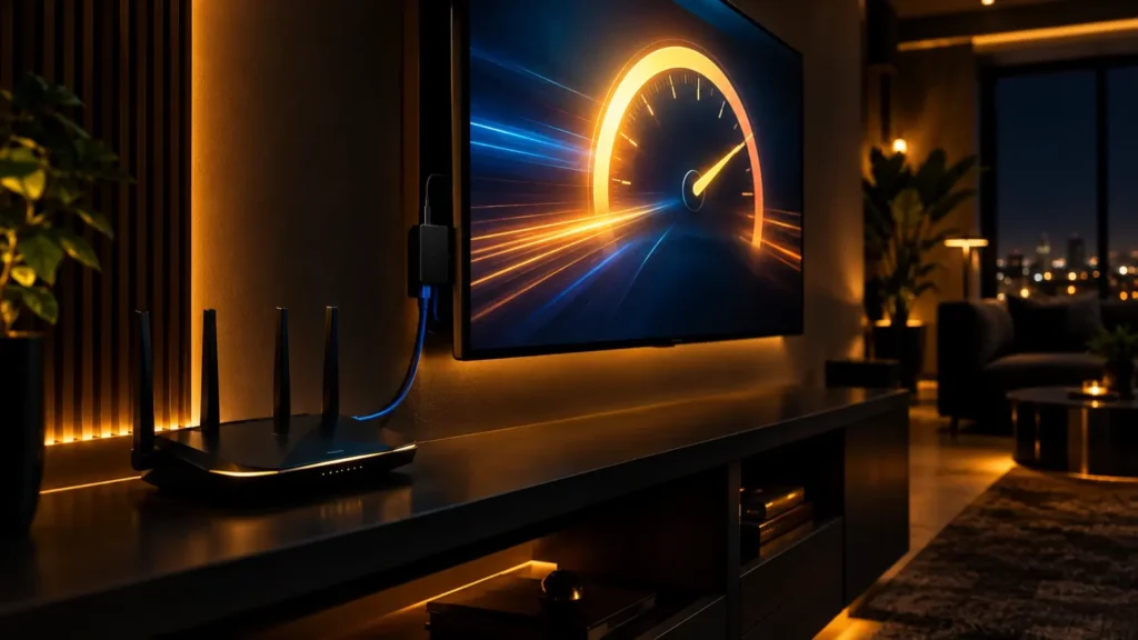 Cuántos megas necesito para IPTV: televisor con un medidor de velocidad de internet junto al router