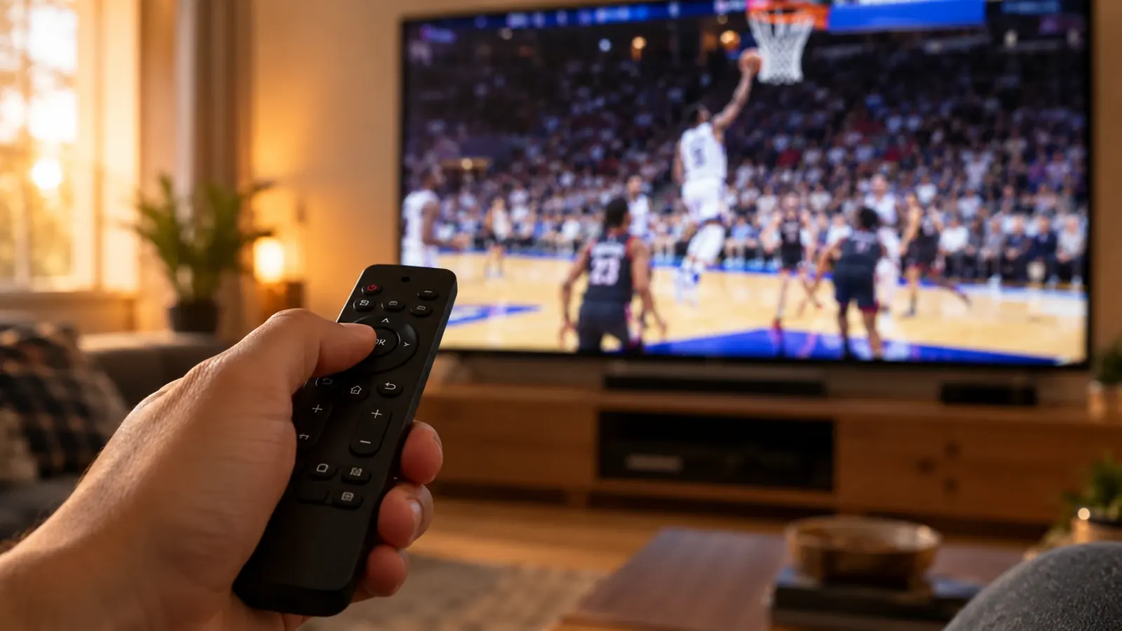 IPTV Liga Endesa: mando de Smart TV con un partido de baloncesto en la pantalla