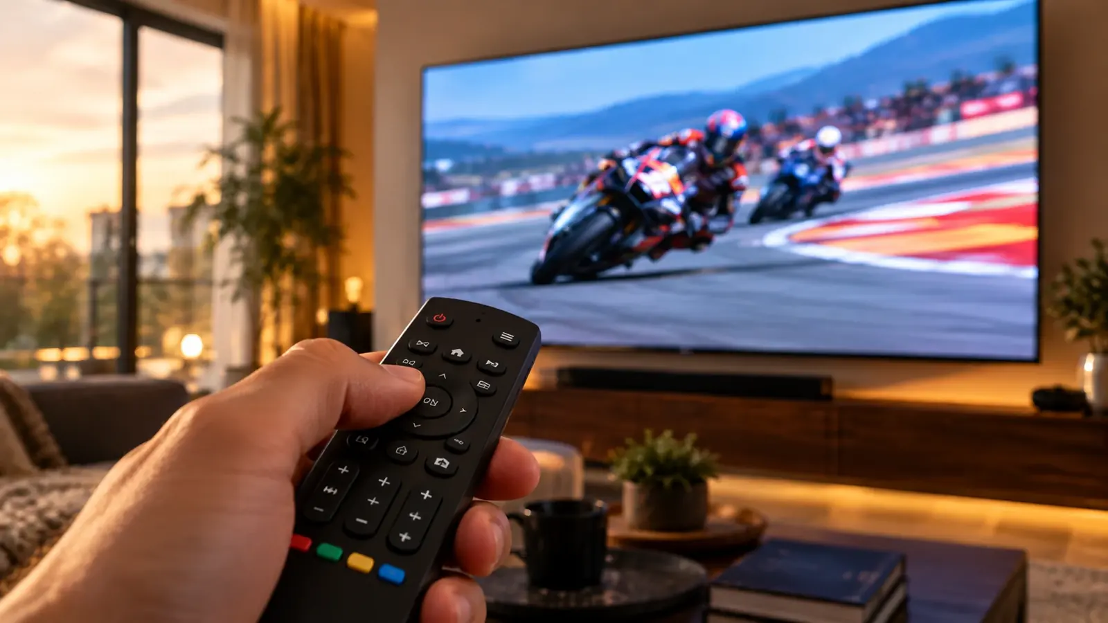 IPTV Fórmula 1 MotoGP: mando de Smart TV con una carrera de MotoGP en la pantalla